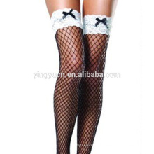 Hot Sale women sexy thigh high black nylon stockings with white lace top